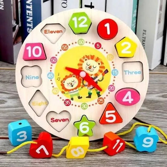 Wooden Shape Sorting Clock & Lacing Toy - Educational Learning for Kids