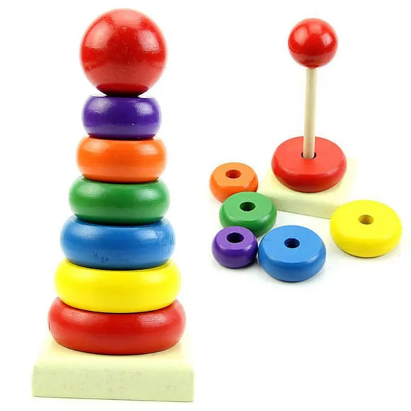 Educational Rainbow Wooden Stacking Ring Tower Game For Montessori Kids